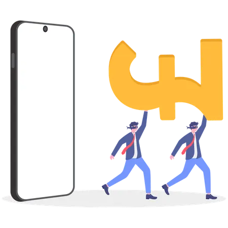 Two businessmen holding pound while running from mobile  Illustration