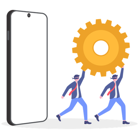 Two businessmen holding saw while running from mobile  Illustration