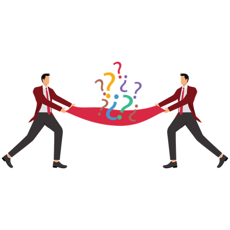 Two businessmen holding whole lot of question marks together  Illustration