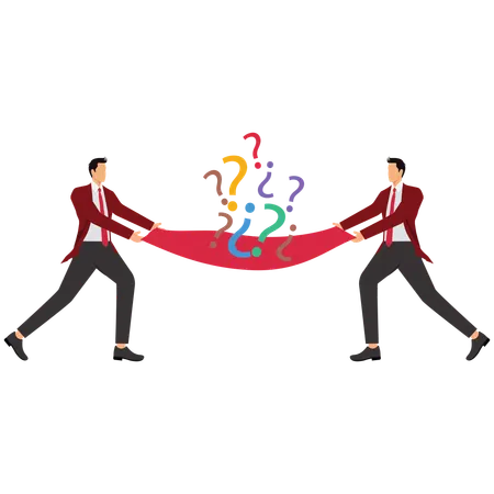 Two businessmen holding whole lot of question marks together  Illustration