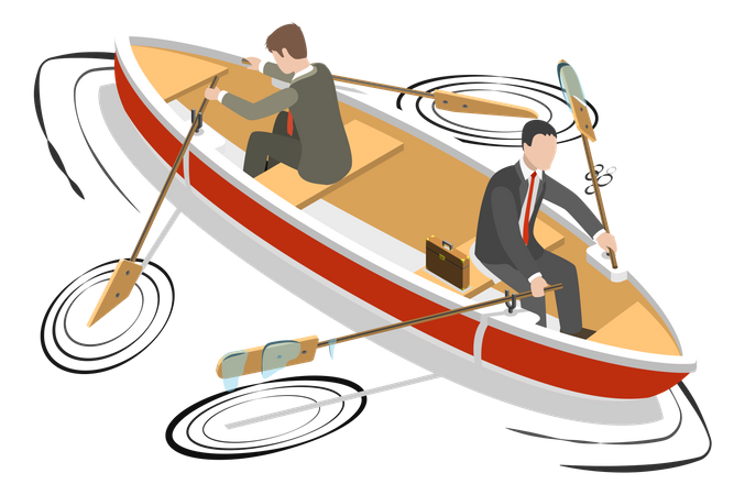 Two businessmen in are sitting the same boat try to move it in the different directions  Illustration