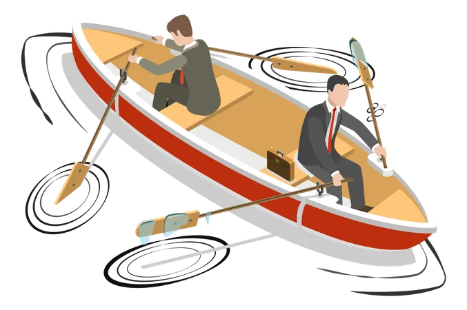 Two businessmen in are sitting the same boat try to move it in the different directions  Illustration