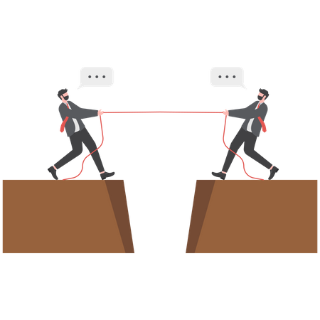 Two businessmen in suit pull the rope at edge of cliff  Illustration