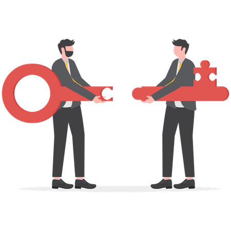 Two businessmen jigsaw the keys together  イラスト