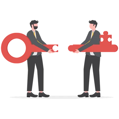 Two businessmen jigsaw the keys together  イラスト