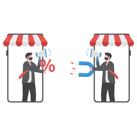Two Businessmen Offer Via Online Store Sales Promotion Concept Discounted Sales Prices Decreases Shopping Customer Increases Illustration