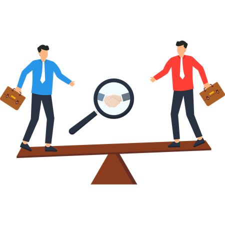 Two Businessmen on a Teeter-Totter with Handshake in Magnifying Glass  Illustration