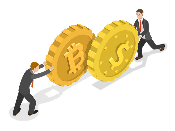 Two Businessmen pushing a bitcoin and a dollar coin towards each other Illustration