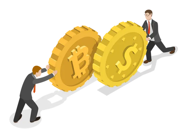 Two Businessmen pushing a bitcoin and a dollar coin towards each other  Illustration
