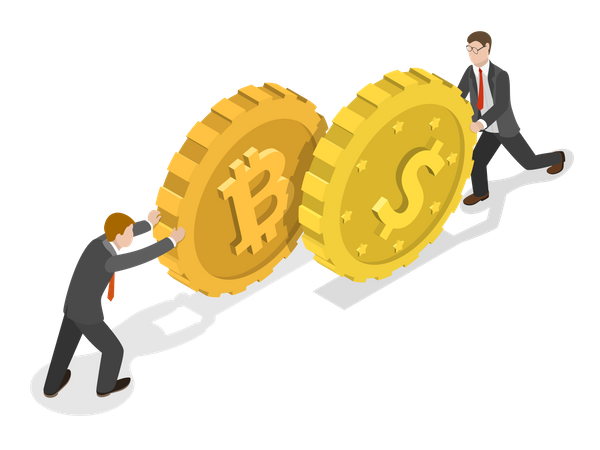 Two Businessmen pushing a bitcoin and a dollar coin towards each other  Illustration