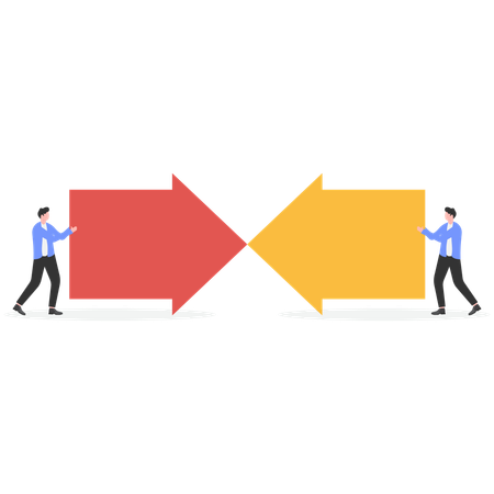 Two businessmen pushing arrow together  Illustration