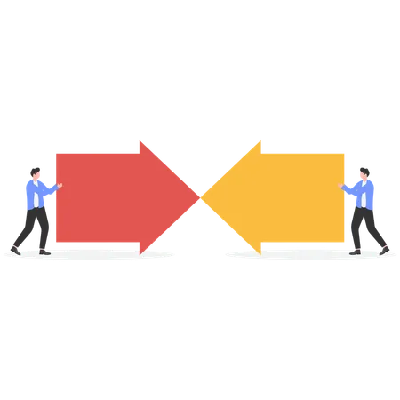 Two businessmen pushing arrow together  Illustration