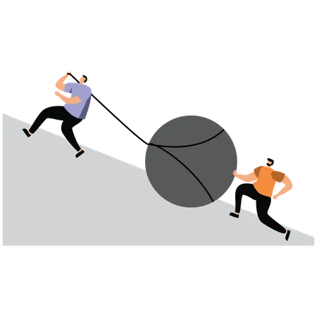 Best Two businessmen pushing big stone uphill Illustration download in ...