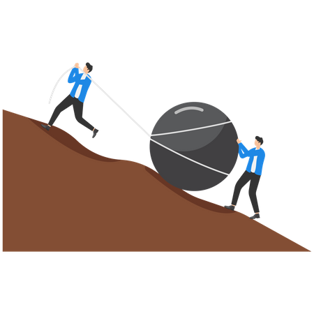 Two businessmen pushing big stone uphill  Illustration