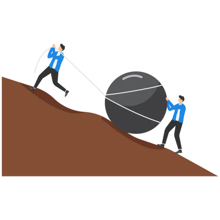 Two businessmen pushing big stone uphill  Illustration