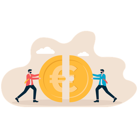 Two businessmen pushing euro coin  Illustration