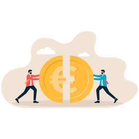 Two businessmen pushing euro coin  Illustration