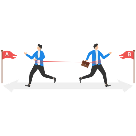 Two businessmen run on arrow opposite directions  Illustration