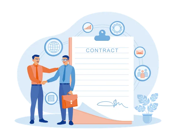 Two businessmen shaking hands after signing business contract on paper  Illustration