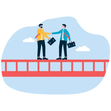 Two businessmen shaking hands and cooperating on cliff bridge  Illustration