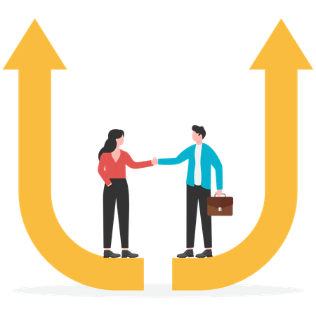 Two businessmen shaking hands while standing on rising arrow  Illustration