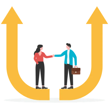 Two businessmen shaking hands while standing on rising arrow  Illustration