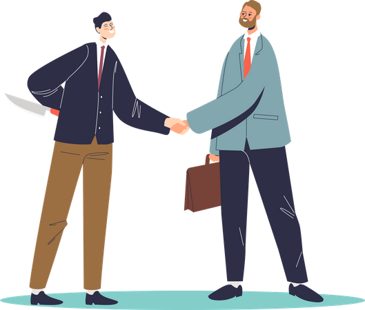 Two businessmen shaking hands with one businessman holding knife Illustration