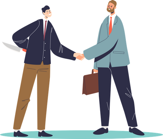 Two businessmen shaking hands with one businessman holding knife  Illustration