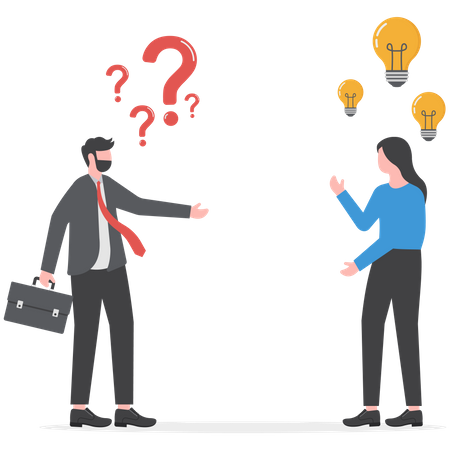 Two businessmen share idea positive thinking and question solution thinking  Illustration