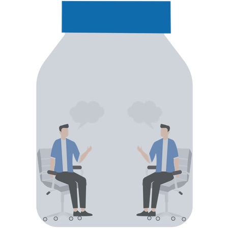 Two businessmen sitting inside airtight glass jar talking  Illustration