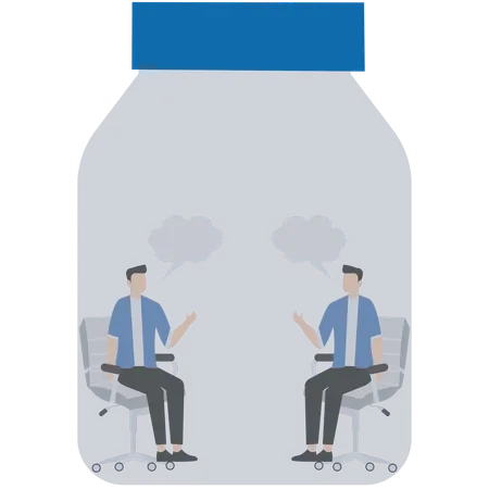 Two businessmen sitting inside airtight glass jar talking  Illustration