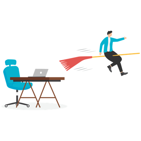 Two businessmen sitting on magic broom flying in sky  Illustration