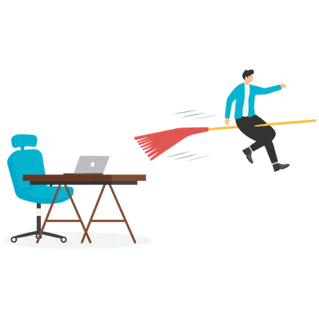 Two businessmen sitting on magic broom flying in sky  Illustration