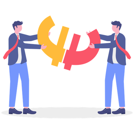 Two businessmen solving Euro puzzle  Illustration