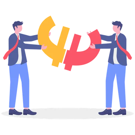 Two businessmen solving Euro puzzle  Illustration