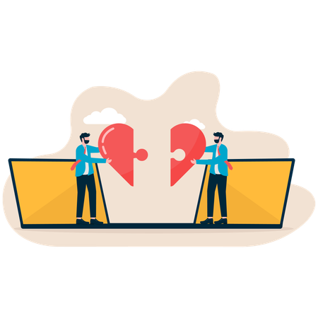 Two businessmen solving heart puzzle  Illustration