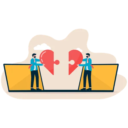 Two businessmen solving heart puzzle  Illustration