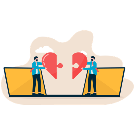 Two businessmen solving heart puzzle  Illustration