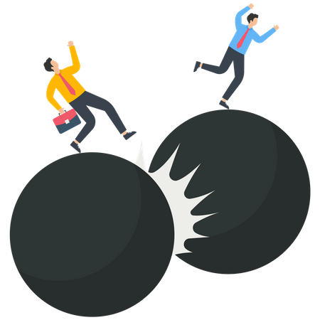 Two businessmen stand on the ball out of control and collide together  Illustration