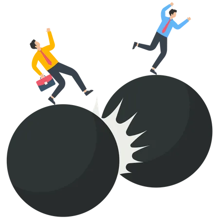 Two businessmen stand on the ball out of control and collide together  Illustration