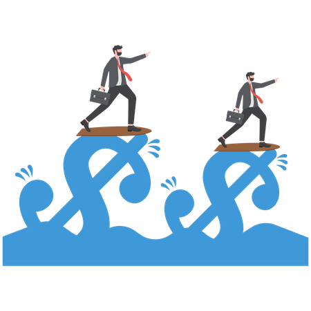 Two businessmen surf dollar waves pointing forward with their index fingers and Looking binoculars Illustration