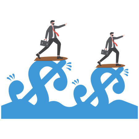 Two businessmen surf dollar waves pointing forward with their index fingers and Looking binoculars  Illustration