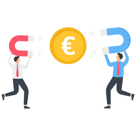 Two businessmen use a magnet for cryptocurrency coin  Illustration