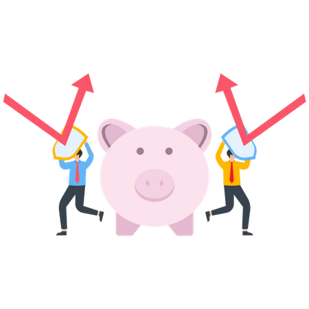 Two businessmen use a shield to protect a piggy bank from a red arrow  Illustration