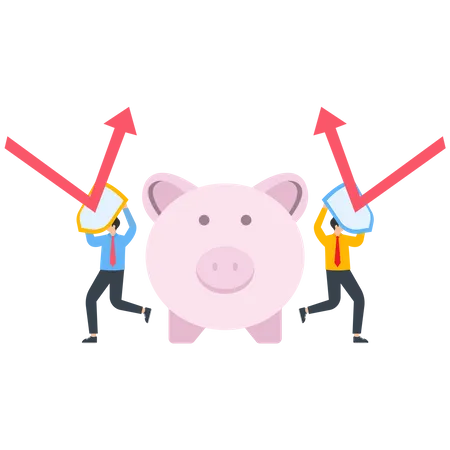 Two businessmen use a shield to protect a piggy bank from a red arrow  Illustration