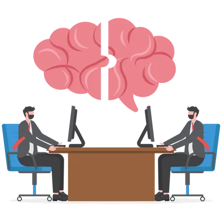 Two Businessmen Brain Communication Idea Knowledge Teamwork And Education Concept Flat Design Illustration