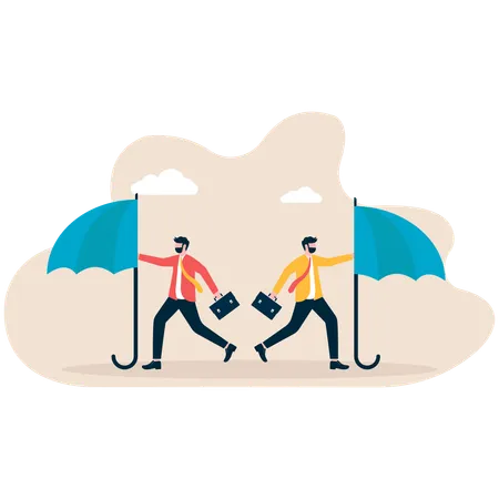 Two businessmen walking away separately with split umbrellas  Illustration