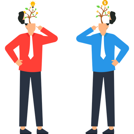 Two Businessmen with Idea & Money Trees Growing from Their Heads  Illustration
