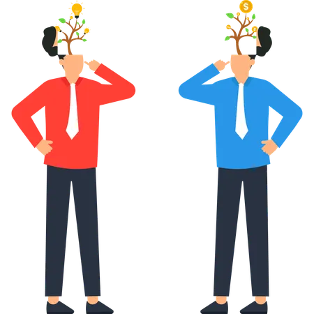 Two Businessmen with Idea & Money Trees Growing from Their Heads  Illustration