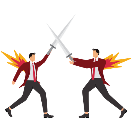 Two businessmen with their backs on fire trying to attack each other  Illustration